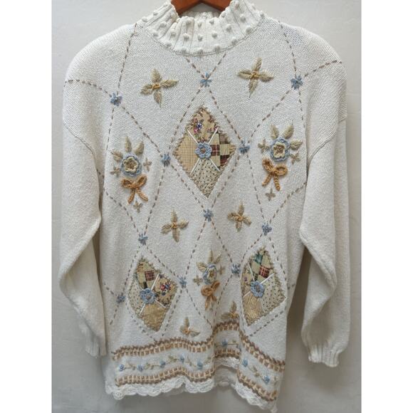 Beldoch Popper Sweater Mock Women's Medium VTG Embroidered Knit Floral Cream - Picture 16 of 16